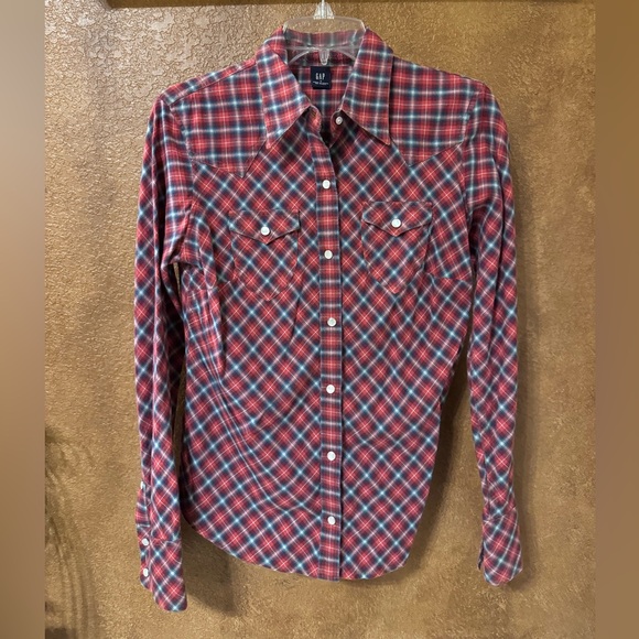 GAP Tops - Gap Red & Blue Plaid Western Pearl Snap Long Sleeve Shirt Size 4 Vintage Y2K